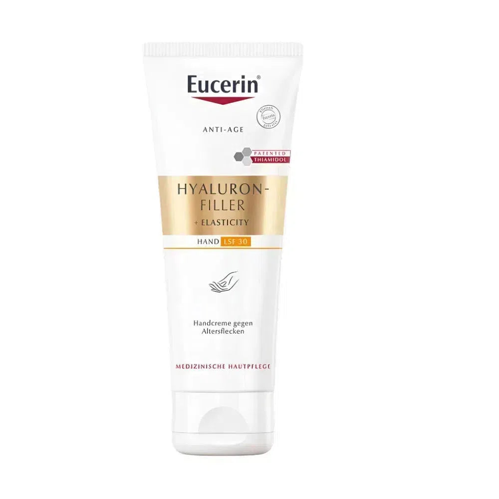 New design of Eucerin Hyaluron-Filler + Elasticity Hand Cream SPF30 against pigment spots