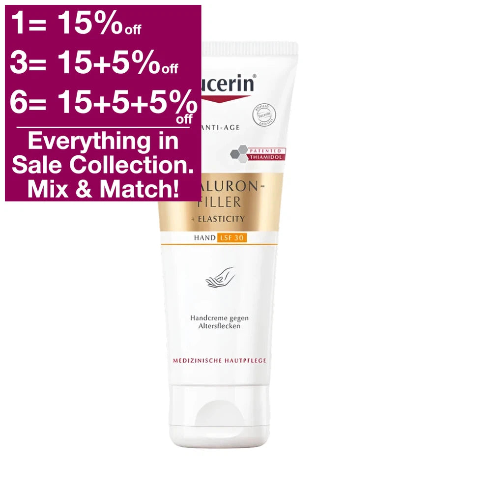 New design of Eucerin Hyaluron-Filler + Elasticity Hand Cream SPF30 against pigment spots