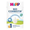 A package of HiPP Bio Combiotik baby formula powder, featuring the brand logo in colorful letters at the top, with German text and product details on a white background.