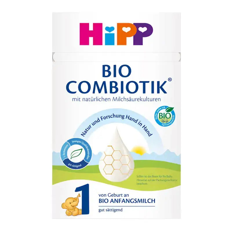 A package of HiPP Bio Combiotik baby formula powder, featuring the brand logo in colorful letters at the top, with German text and product details on a white background.