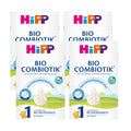Four packs of Hipp Bio Combiotik Stage 1 infant formula arranged in a 2x2 grid on a plain white background.