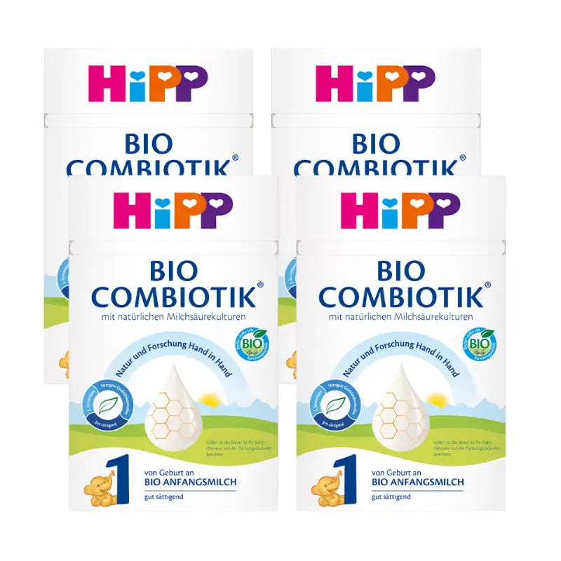 Four packs of Hipp Bio Combiotik Stage 1 infant formula arranged in a 2x2 grid on a plain white background.