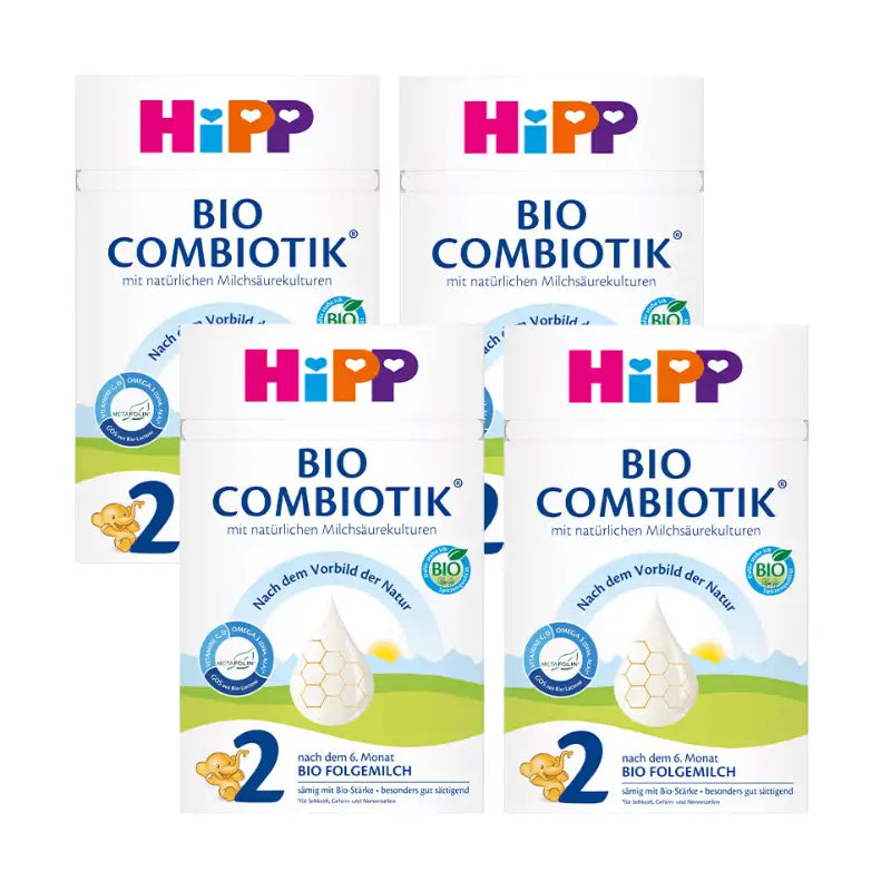 Four packs of Hipp Bio Combiotik Stage 2 follow-on milk powder arranged in a 2x2 grid on a plain white background.