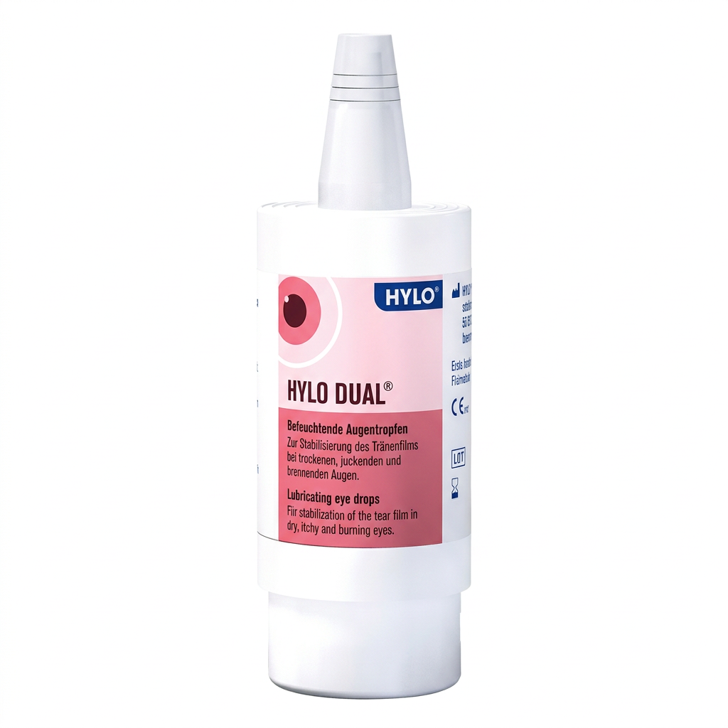 A white bottle of HYLO HYLO DUAL lubricating eye drops with a pink and white label, shown on a plain white background.