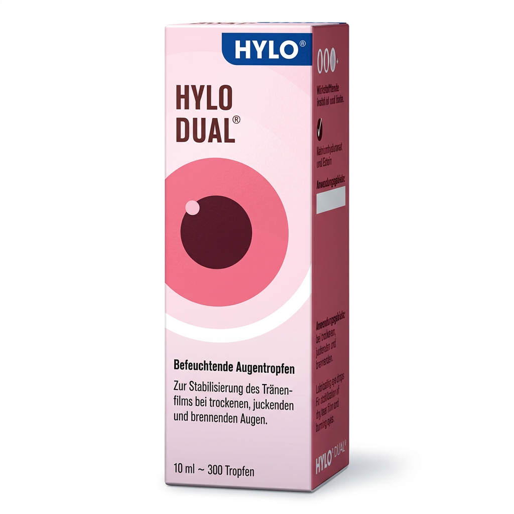A box of HYLO DUAL eye drops, 10 ml (300 drops), shown on a clean white background. The packaging is primarily light pink with a darker pink circular graphic and a blue brand logo at the top.