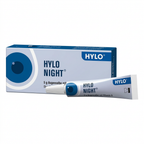 HYLO NIGHT eye drops packaging, showing a blue and white box with a single tube of drops placed in front on a plain white background.