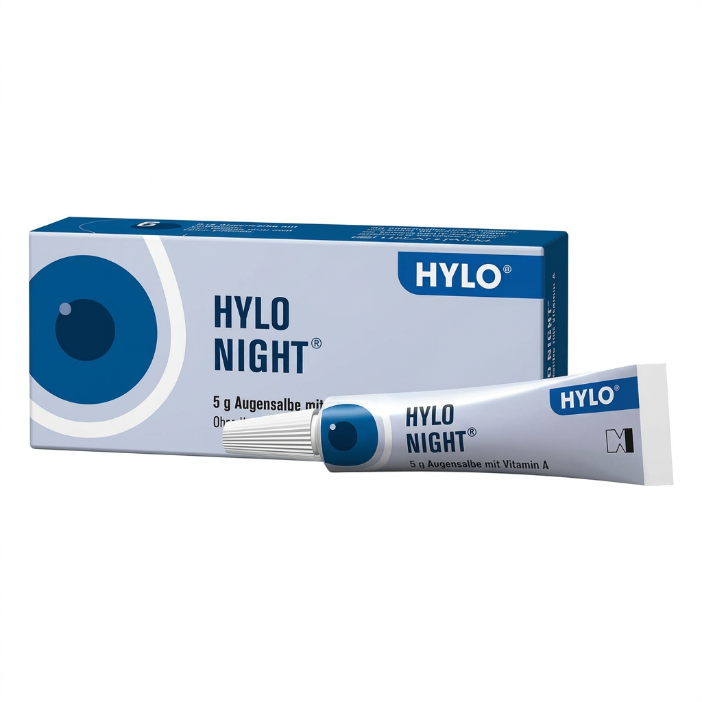 HYLO NIGHT eye drops packaging, showing a blue and white box with a single tube of drops placed in front on a plain white background.
