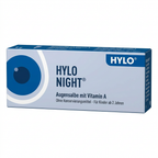 HYLO NIGHT Augensalbe (eye ointment) packaging box, featuring a light blue and dark blue design with a graphic of an eye on the left side.