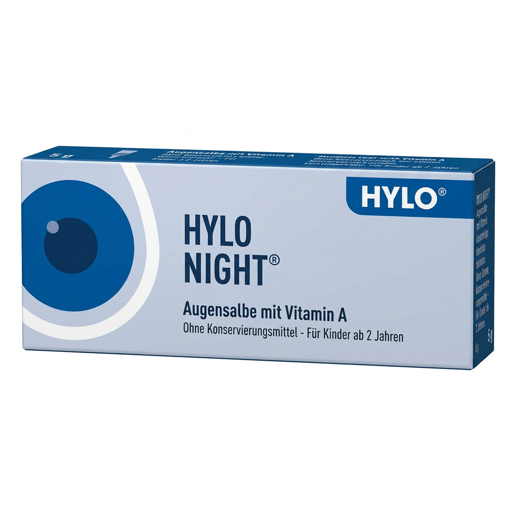 HYLO NIGHT Augensalbe (eye ointment) packaging box, featuring a light blue and dark blue design with a graphic of an eye on the left side.