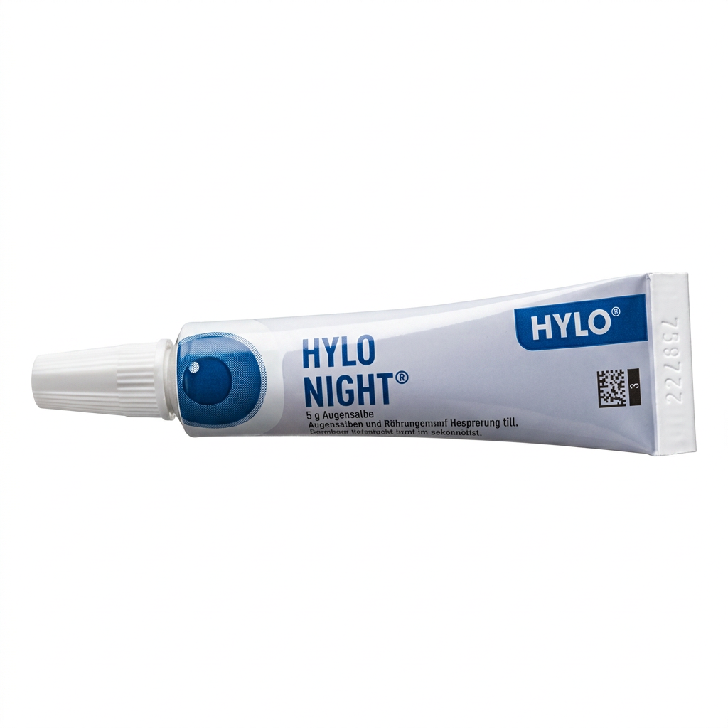 A tube of HYLO NIGHT 1.5% Nasal Spray gel, featuring a white and blue design with a white cap, shown on a plain white background.