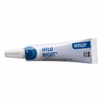 A tube of HYLO NIGHT 1.5% Nasal Spray gel, featuring a white and blue design with a white cap, shown on a plain white background.