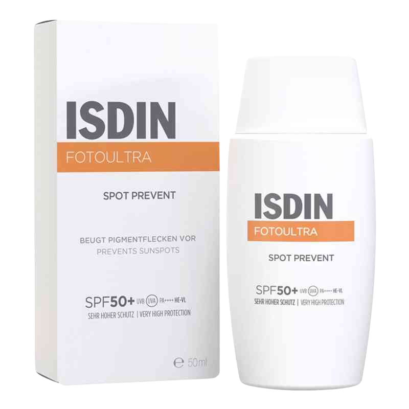 ISDIN Fotoultra Spot Prevent sunscreen bottle and packaging on a white background