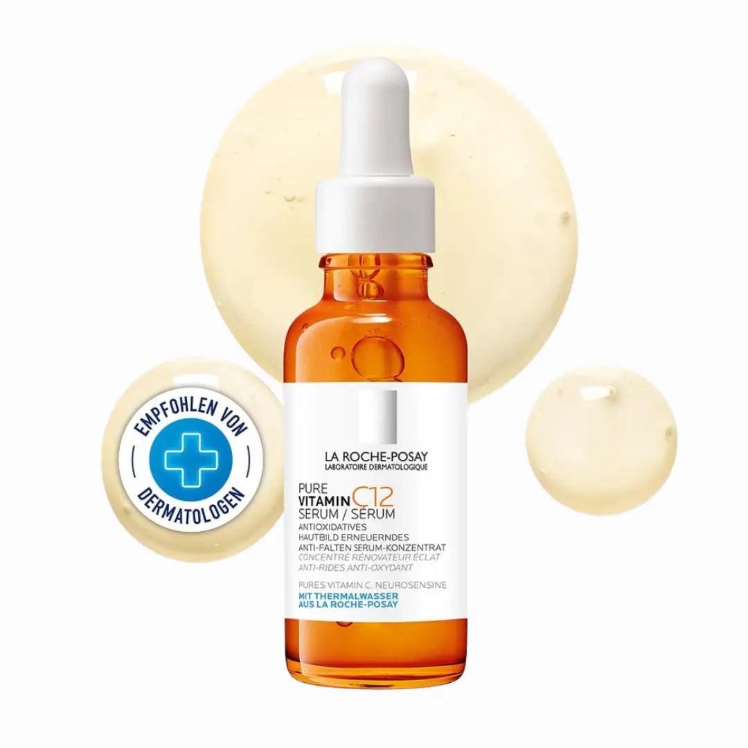 La Roche-Posay Pure Vitamin C12 Serum 30 ml with texture and "recommended by dermatologists" batch
