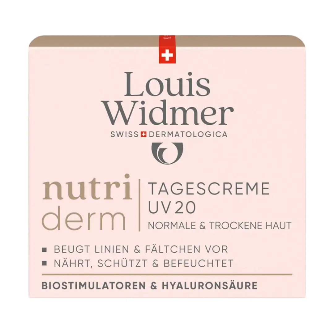 Louis Widmer nutriderm Day Cream UV 20 for normal and dry skin packaging on a white background