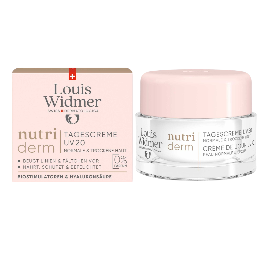 Louis Widmer nutriderm Tagescreme UV20 cream jar and packaging on a white background