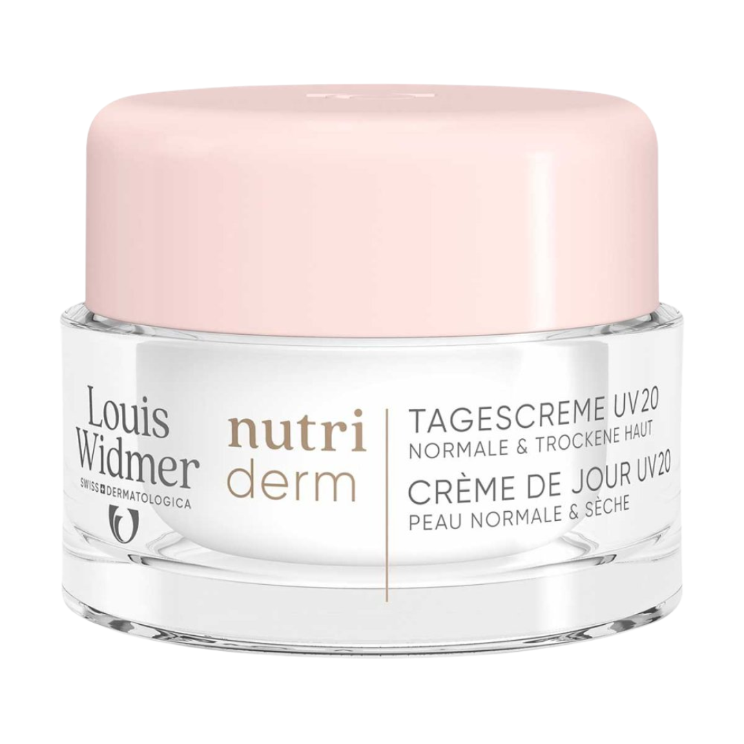Louis Widmer Nutriderm cream jar with pink lid on a white background