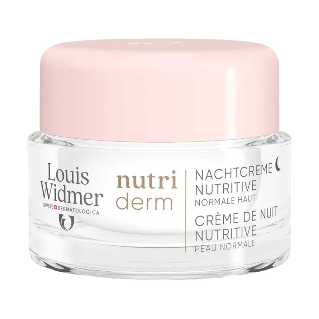 Louis Widmer Nutri Derm night cream jar with pink lid on a white background