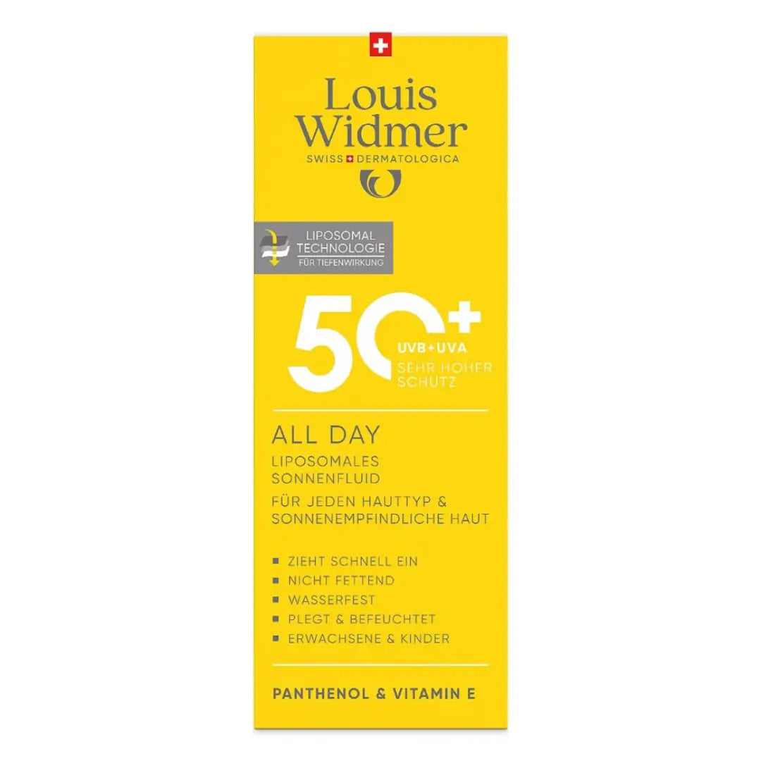 Louis Widmer sunscreen packaging with yellow background and white text