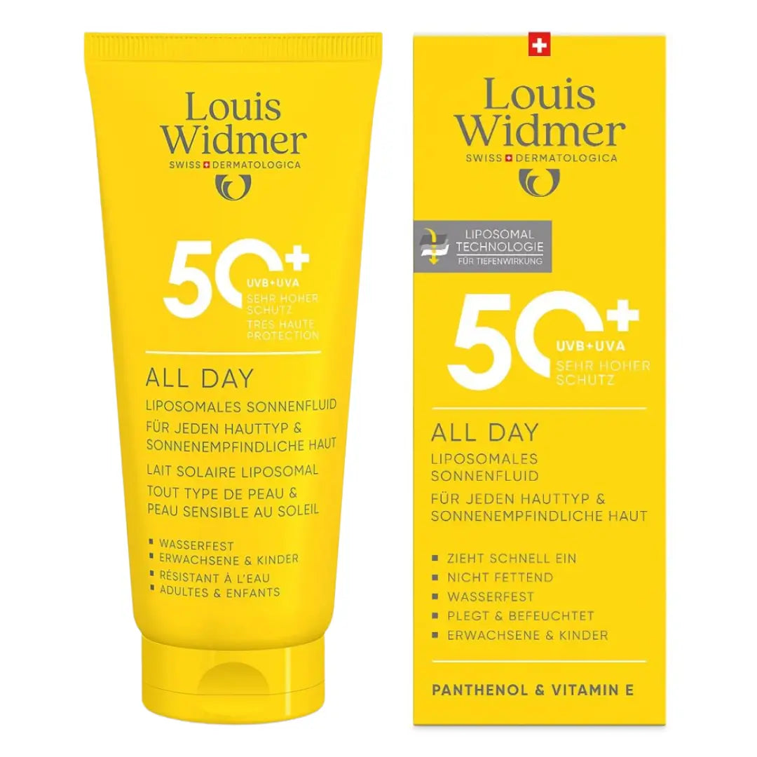 Louis Widmer All Day SPF 50+ sunscreen tube and packaging on a white background