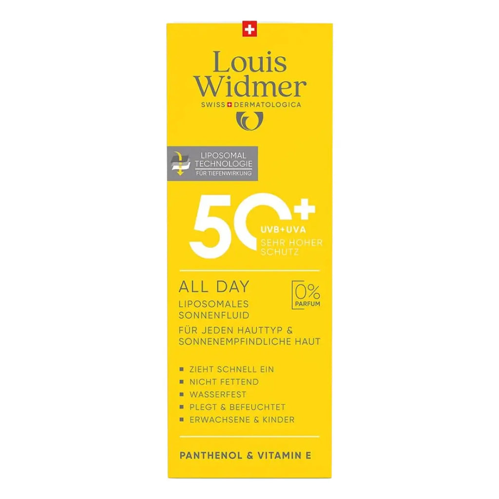 Louis Widmer sunscreen fluid packaging with yellow background and white text