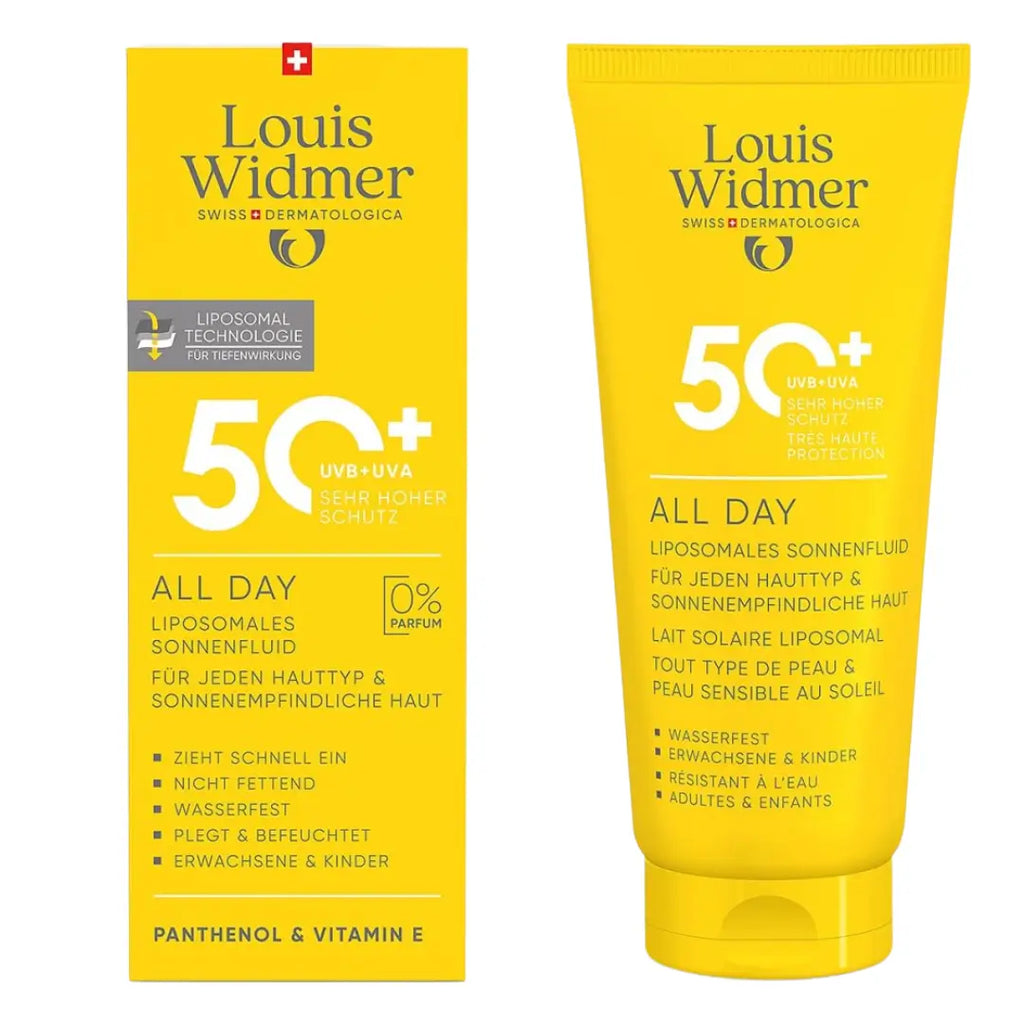 Louis Widmer sunscreen packaging with yellow tube and box on a white background