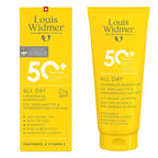 Louis Widmer sunscreen packaging with yellow tube and box on a white background