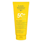 Yellow sunscreen tube with 'Louis Widmer' branding on a white background
