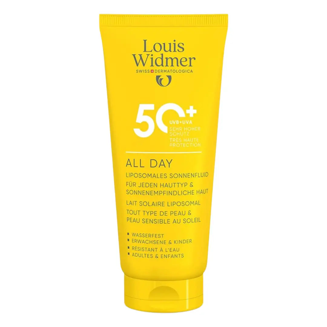 Yellow sunscreen tube with 'Louis Widmer' branding on a white background