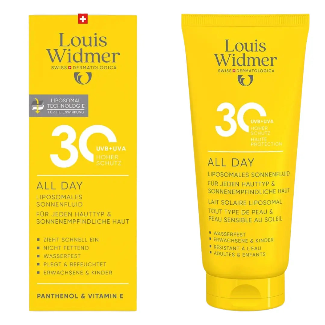 Louis Widmer sunscreen tube and packaging on a white background