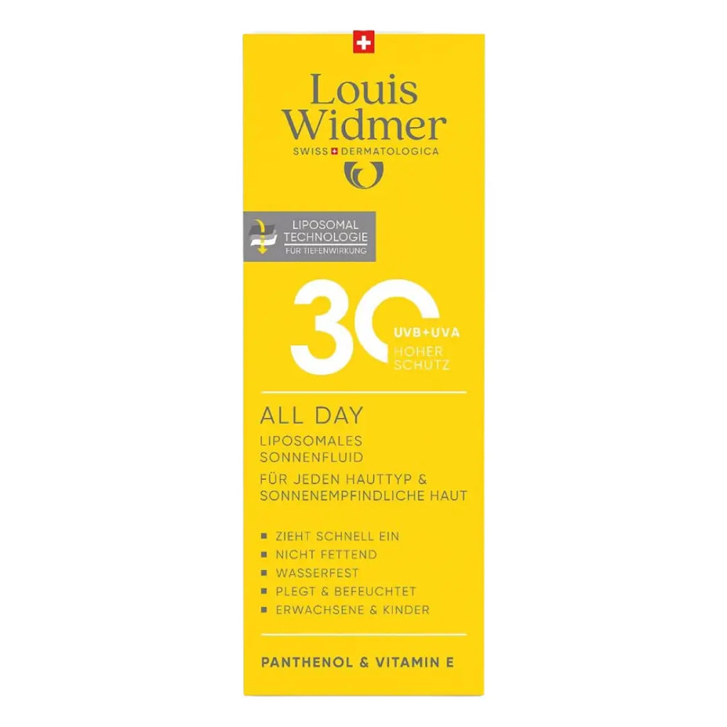 Louis Widmer All Day sunscreen SPF30 packaging with yellow background and white text