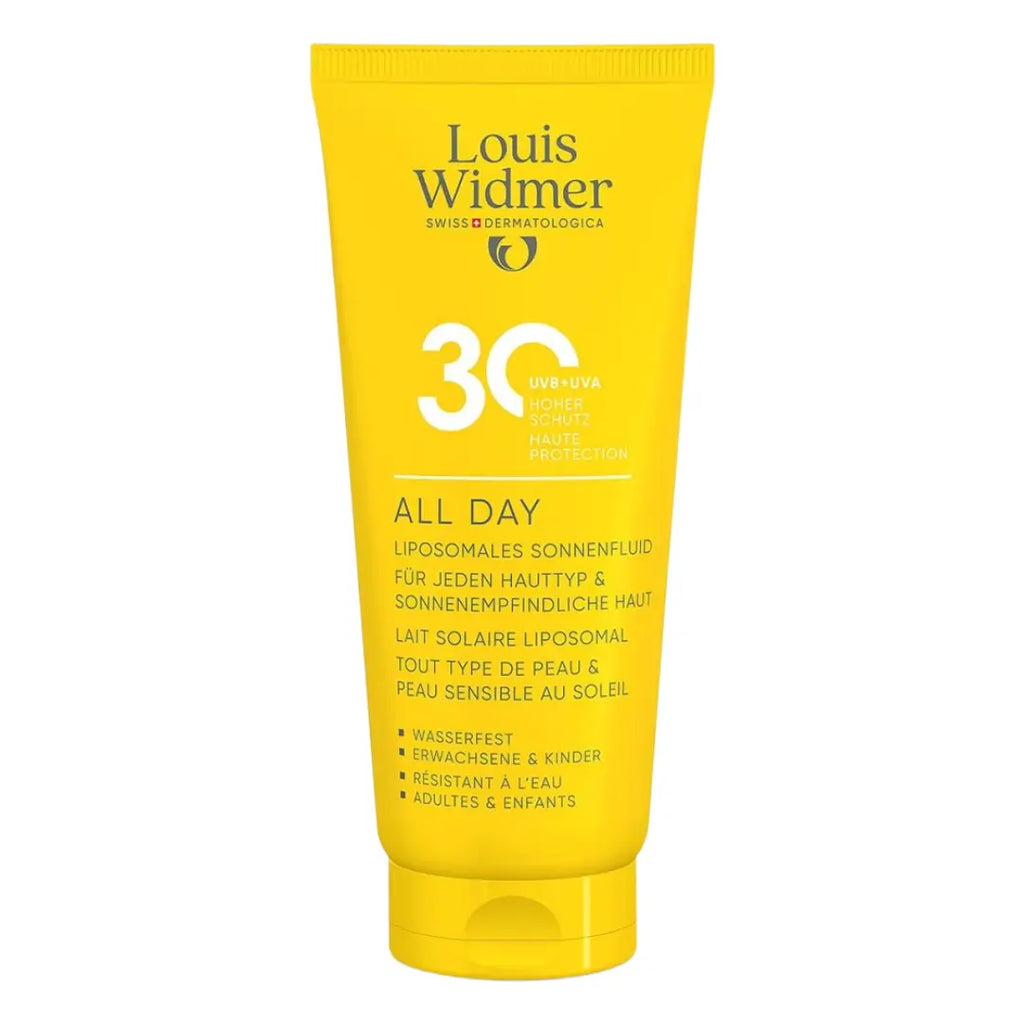 Yellow sunscreen tube with 'Louis Widmer' branding on a white background
