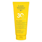 Yellow sunscreen tube with 'Louis Widmer' branding on a white background