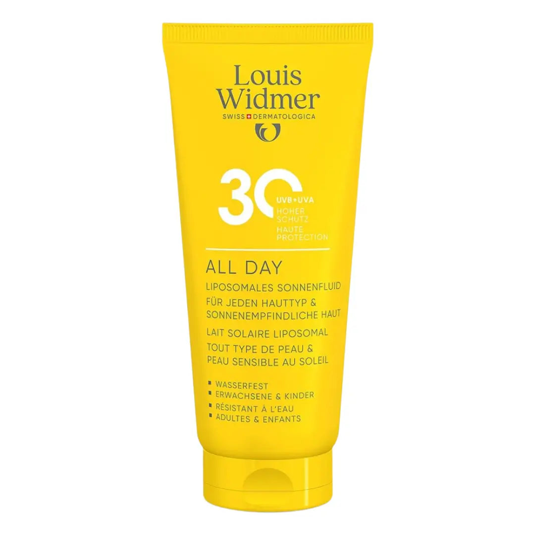 Yellow sunscreen tube with 'Louis Widmer' branding on a white background