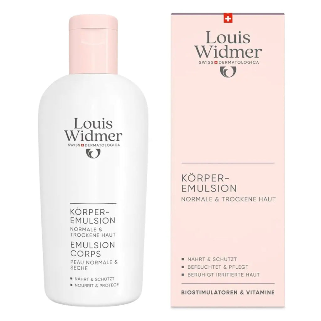 Louis Widmer body emulsion bottle and packaging on a white background