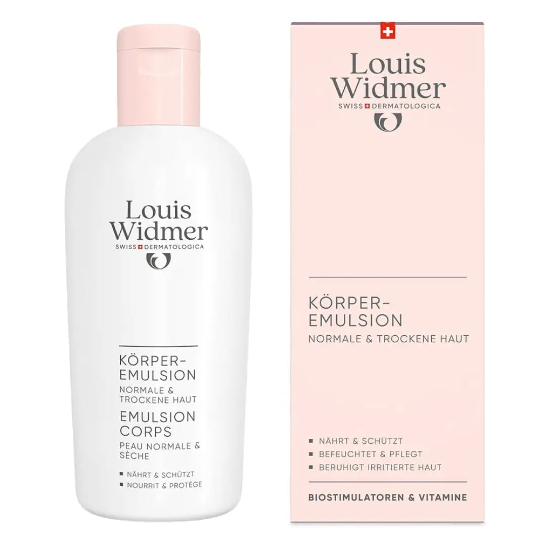 Louis Widmer body emulsion bottle and packaging on a white background