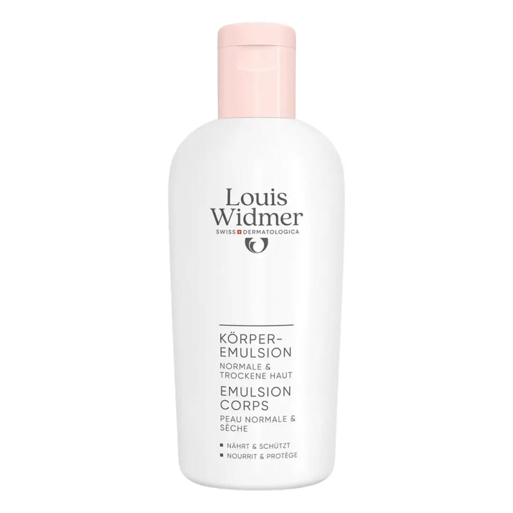 Louis Widmer body emulsion bottle on a white background