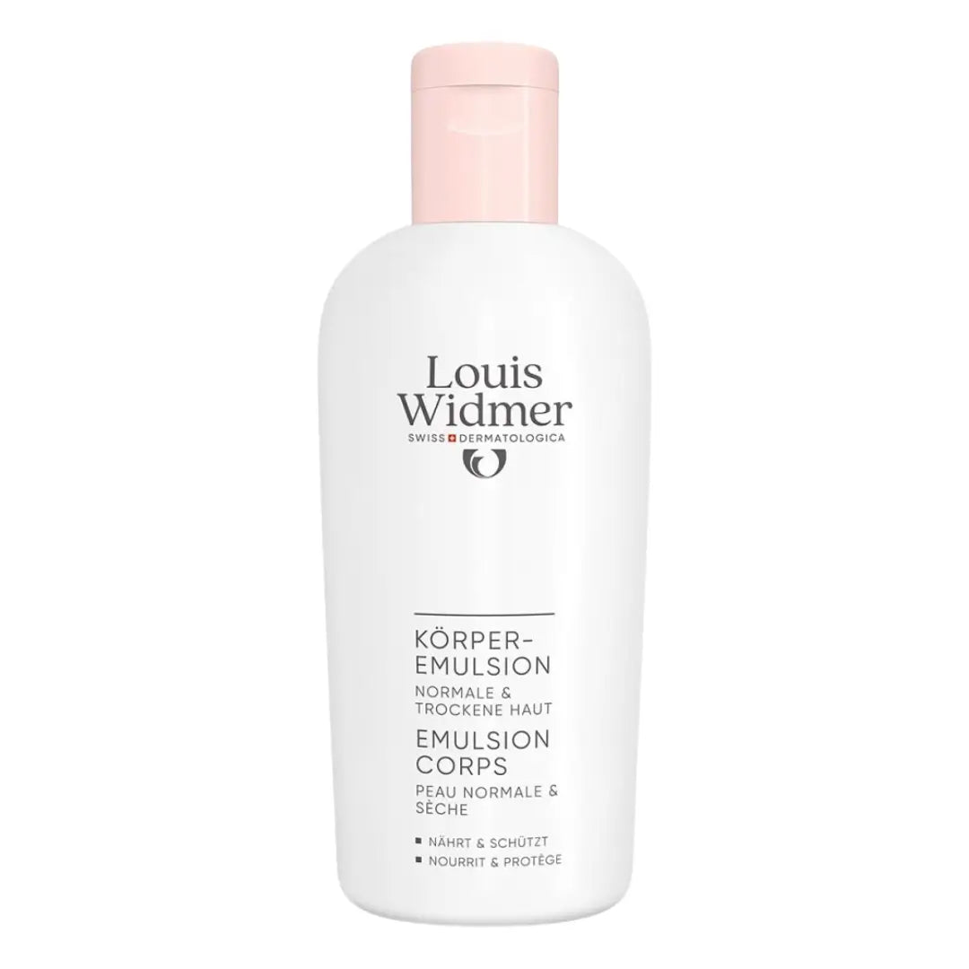 Louis Widmer body emulsion bottle on a white background
