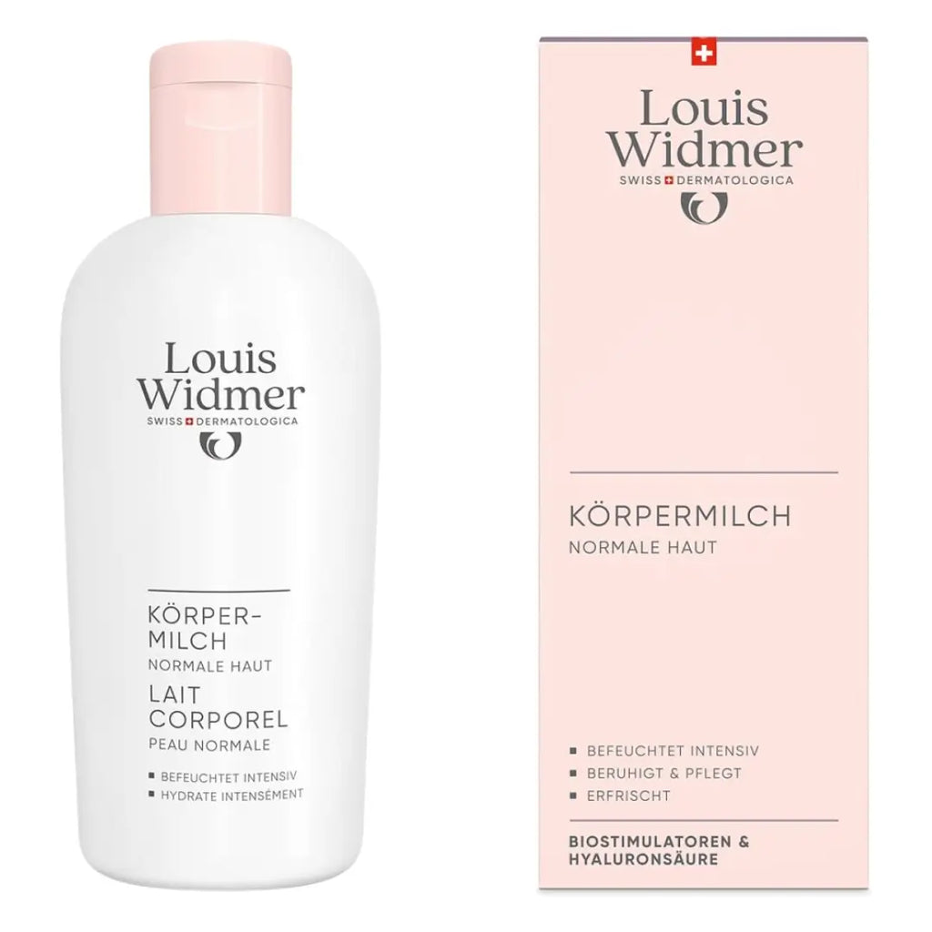 Louis Widmer body milk bottle and packaging on a white background