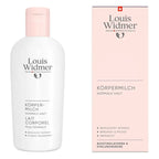 Louis Widmer body milk bottle and packaging on a white background