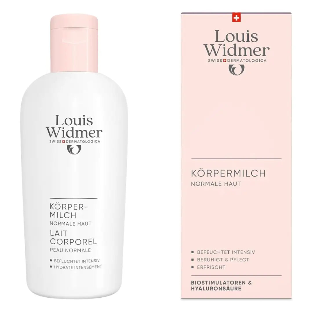 Louis Widmer body milk bottle and packaging on a white background