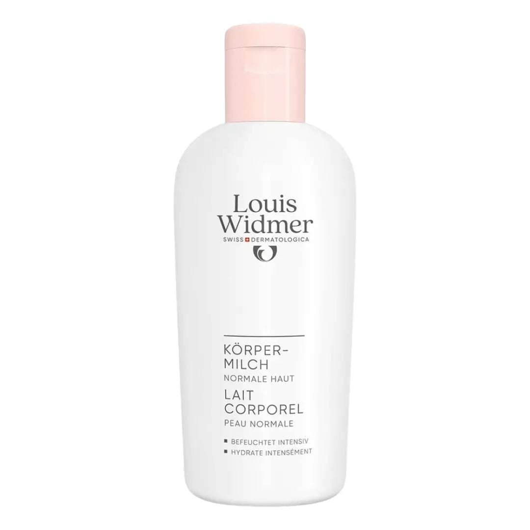 Louis Widmer body milk bottle on a white background