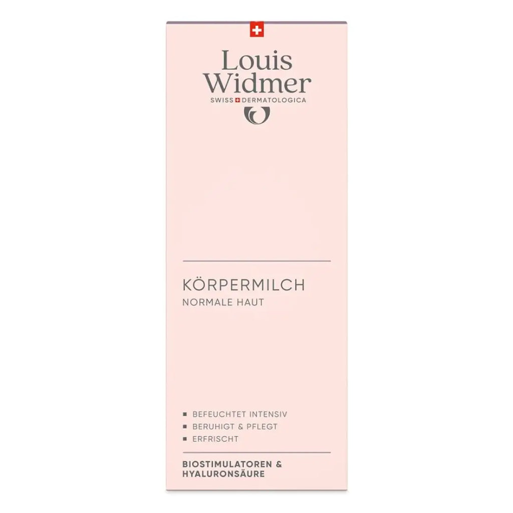 Louis Widmer body milk packaging on a white background