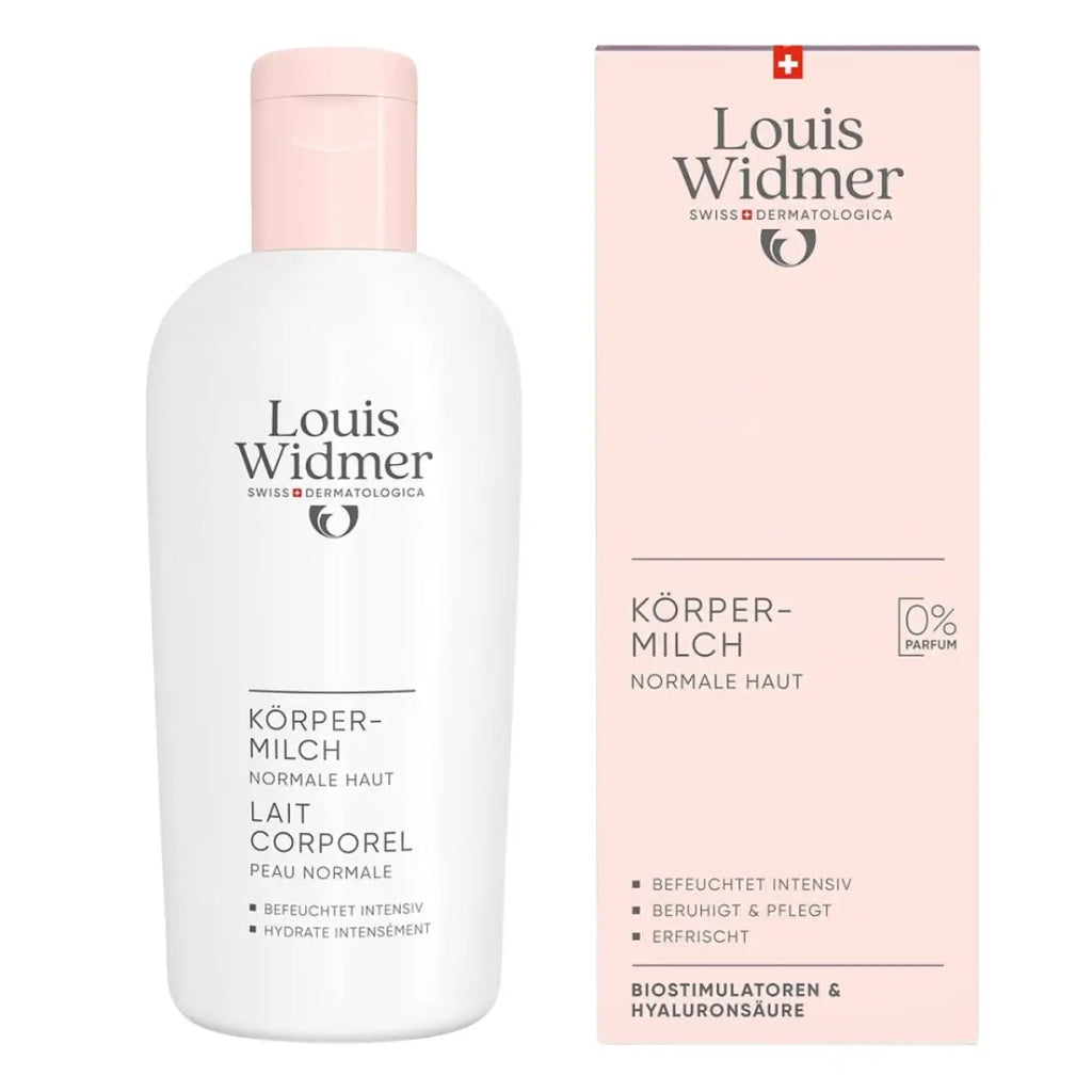 Louis Widmer body milk bottle and packaging on a white background