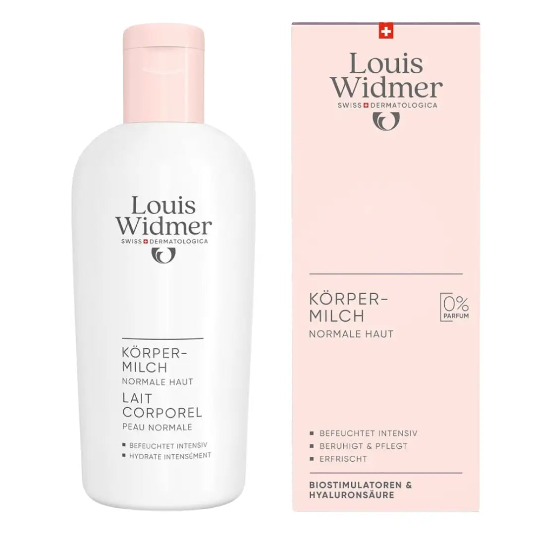 Louis Widmer body milk bottle and packaging on a white background