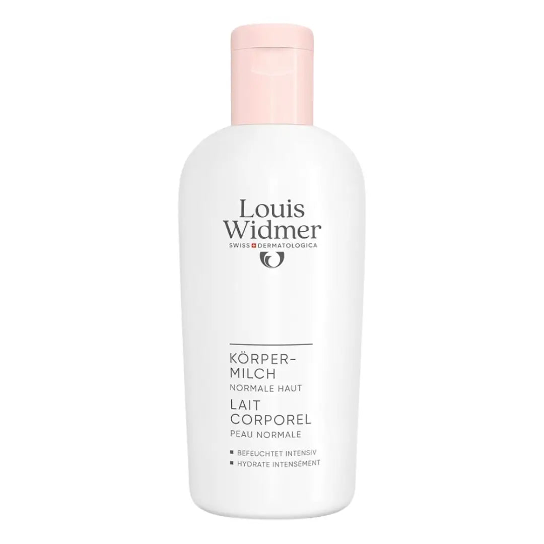 Louis Widmer body milk bottle on a white background