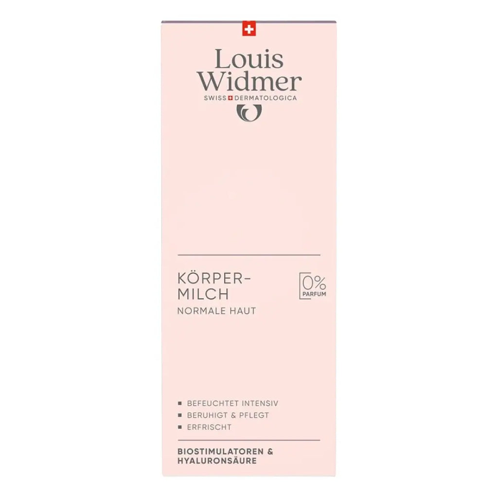 Louis Widmer body milk packaging on a white background