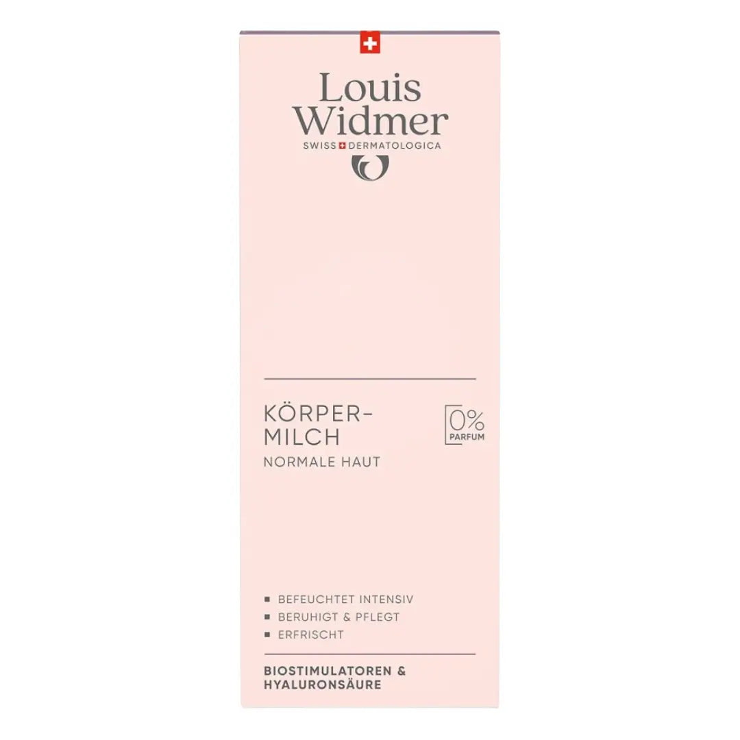 Louis Widmer body milk packaging on a white background