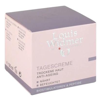 Carton box package of Louis Widmer Day Cream, highlighting the nurishing and moisturizing effect on the skin