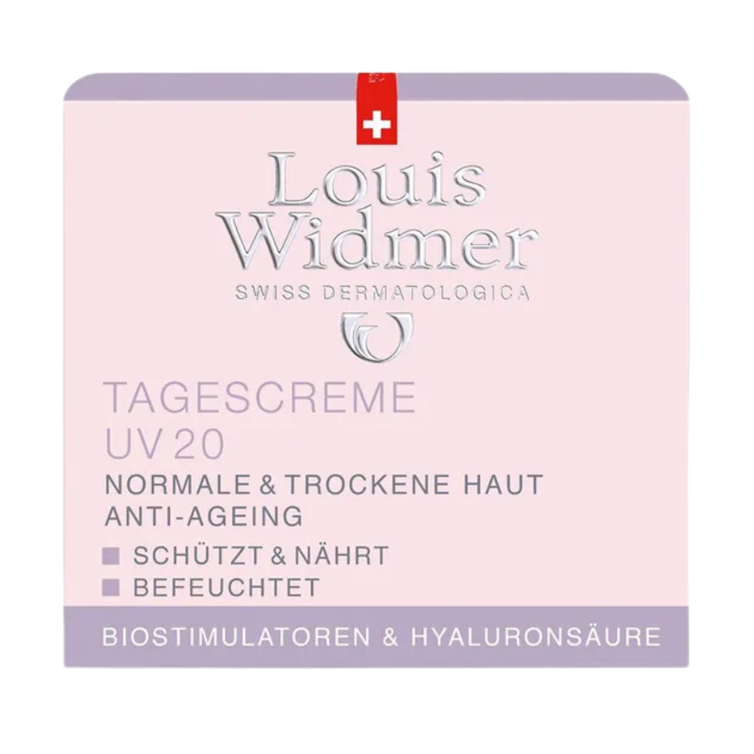 Carton box package of Louis Widmer Day Cream, highlighting the nourishing and moisturizing effect and the ingredient of hyaluronic acid.