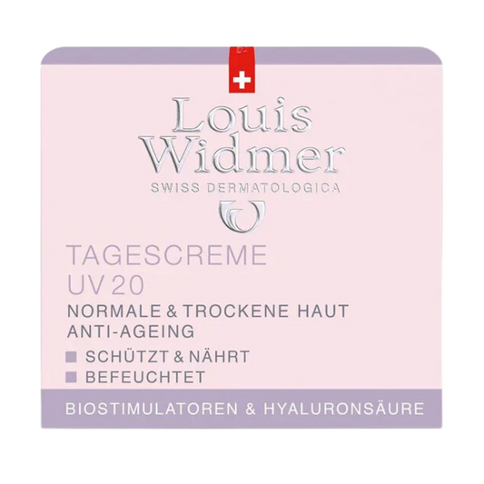 Carton box package of Louis Widmer Day Cream, highlighting the nourishing and moisturizing effect and the ingredient of hyaluronic acid.